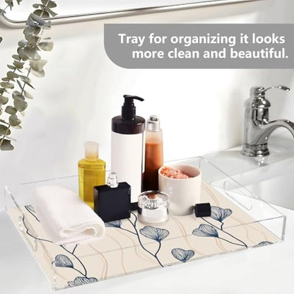 Acrylic Tray Clear Serving Vanity Ottoman Bathroom Coffee Table Countertop Organizer Raised Edge Spill Proof Beige Blue Minimalist Flower - color: Beige Blue Minimalist Flower