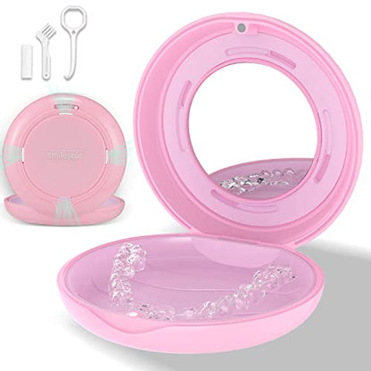 Retainer Case, Slim Aligner Case with Adjustable Vent Holes and Mirror, Compatible with Invisalign, Night Guard and Mouth Guard, Premium Retainer Case, With Aligner Remover Tool, Chew & Brush, Pink | Portable for Travel-with Vent Holes, Secure Magnetic Cl