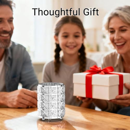 Makeup Brush Holder with Silver Crystal Bling – Elegant Vanity Organizer for Brushes, Pens & Pencils, Ideal for Bathroom or Office Countertop(1Pack)