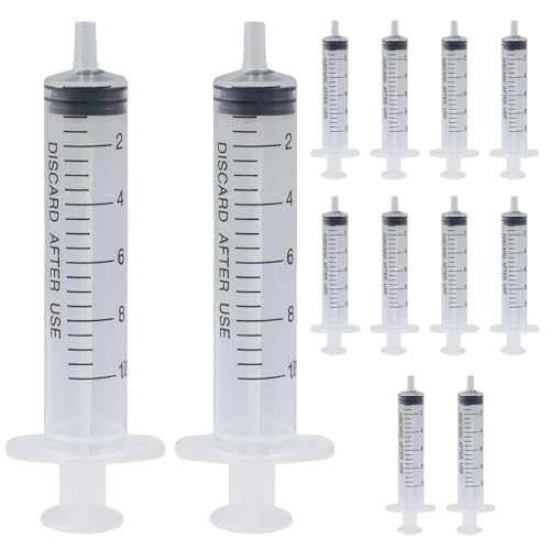 10ml Small Syringes Without Needle, 12 Pack Plastic Syringe with Cap for Pet Feeding, Scientific Labs, Glue, Oil & Precise Liquid Measurement - size: 10ml