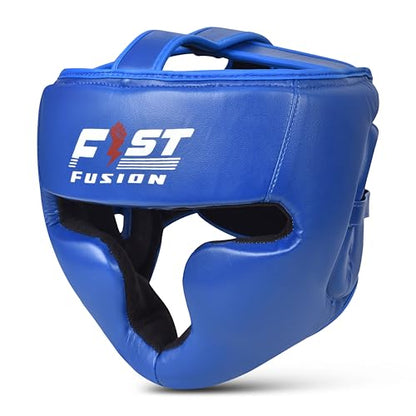 Boxing Head Guard, Maya Hide Leather Headgear Protection Adjustable Kickboxing Muay Thai MMA Training Taekwondo - color: Blue, size: Large/XL
