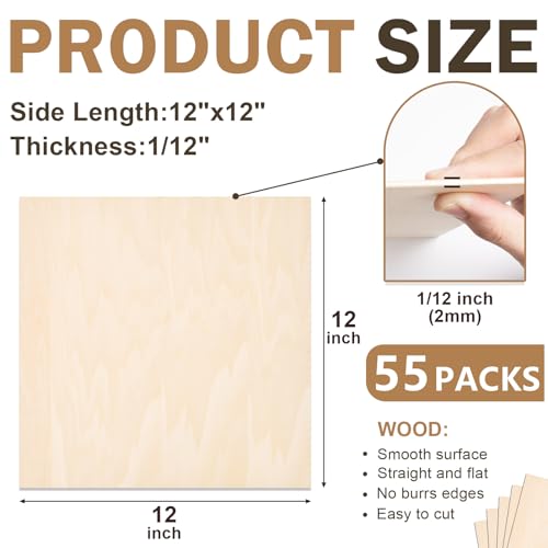 55 Pack Basswood Sheets for Crafts,12"x12"x1/12 2mm Thick Plywood Sheets with Smooth Surfaces-Unfinished Squares Wood Boards for Laser Cutting, Wood Burning, Architectural Models, Staining - size: 55 Pack -12X12X1/12 Inch