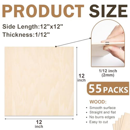 55 Pack Basswood Sheets for Crafts,12"x12"x1/12 2mm Thick Plywood Sheets with Smooth Surfaces-Unfinished Squares Wood Boards for Laser Cutting, Wood Burning, Architectural Models, Staining - size: 55 Pack -12X12X1/12 Inch