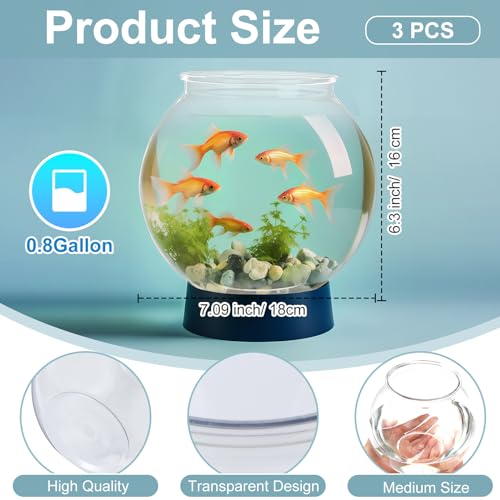 3 Pcs Fish Bowl Plastic Fish Tank Clear 100 oz Goldfish Bowl Multipurpose Round Desktop Aquarium Transparent for Home Office Goldfish Turtle Candy Party Favors, 7.09 x 6.3 Inch