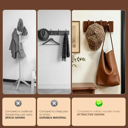 QUELLANCE Wooden Coat Hooks Wall Mounted, Coat Rack Hanger Wall Mount with 4 Hooks, Heavy Duty Coat Hooks for Hanging Coats/Keys/Hats/Robe&Towels/Plants/Bags, Home Decor Gift, Walnut - size: 4 Hooks