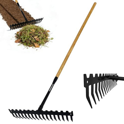 Garden Rake,60" Wooden Handle with 17-Tine Metal Bow Rake,Rock Rake Heavy Duty for Loosening Soil,Leveling Gravel,Clearing Fallen Leaves,Removing Sod and Landscaping