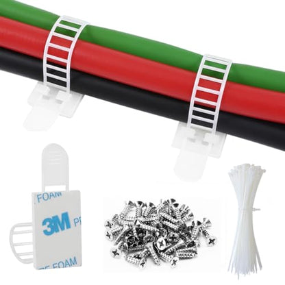50Pcs Adhesive Cable Management Clips with 50Pcs Zip Ties, Adjustable Nylon Cable Strap Ties Wire Clips Clamps Organizer, Extra Screw & Hole - 3.35 Inch White - color: White, size: M-50pcs