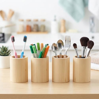8-Pack Wood Pen Holder, 4 Inch Round Pencil Holder, Desk Organizer Cups, Unfinished Brown Pine Wood Craft Cylinders for DIY, Makeup Brushes, Utensils