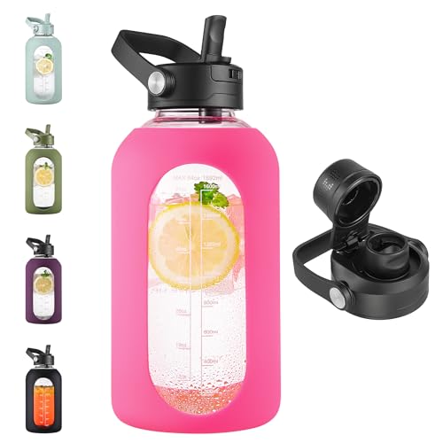 CIVAGO 64 oz Glass Water Bottle Jug with Detachable Straw and Time Maker - color: Camelia, size: 64 Ounces