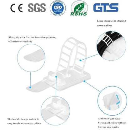 Adjustable Adhesive Cable Management Clips 50Pcs, Large self Adhesive Cable Ties Clips ，Suitable for Cable Management Under desks and on Walls (White) - color: White