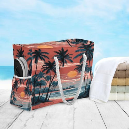 senya Large Beach Bags Totes Canvas Tote Shoulder Bag Soft Wave Water Resistant Bags for Gym Travel Daily Ocean - color: Palm Trees Sunset