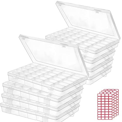 8pack 36 Grids Plastic Clear Organizer Box bead Storage Containers with Adjustable Dividers for Craft Jewelry Fishing Tackles Parts Storage with 8 Sheets Label Stickers