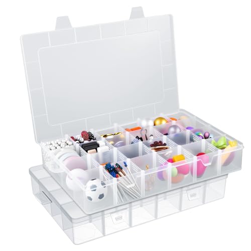 2 Pack 24 Grids Clear Plastic Bead Organizer Box, Fishing Tackle Box Compartment Organizer with Adjustable Dividers for Jewelry, Art Craft, Bead Storage Containers