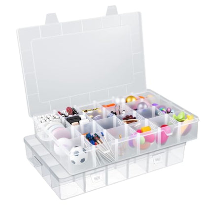 2 Pack 24 Grids Clear Plastic Bead Organizer Box, Fishing Tackle Box Compartment Organizer with Adjustable Dividers for Jewelry, Art Craft, Bead Storage Containers