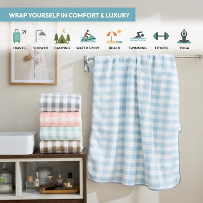 JML Bath Towels, 2 Pack, 30x60 in, Microfiber, Cationic Plaid Blue - color: Cationic Plaid Blue, size: 30 in x 60 in