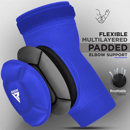 RDX Elbow Pads, Muay Thai MMA Kickboxing Sparring Elbow Guard, Martial Arts Striking Protection,Wrestling Basketball Adjustable MTB Volleyball Compression Padded Sleeve, Men Women - color: Blue White, size: Medium