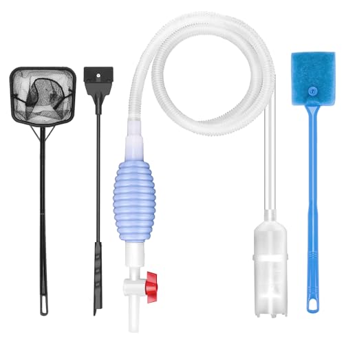 Fish Tank Cleaning Kit Set of 4 Pieces, Aquarium Siphon Algae Scraper Aquarium Net Algae Remover for Fish Tank, Aquarium Cleaner Vacuum Suitable for Changing Water and Cleaning Fish Tanks