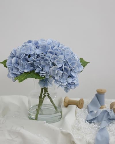 Lifelike Artificial Hydrangea Arrangement in Decorative Vase - Real Touch Fake Flowers for Home, Office, Bathroom or Water Bar Decor, Elegant Table Centerpiece (No Water Needed) (Linght Blue) - color: Linght Blue