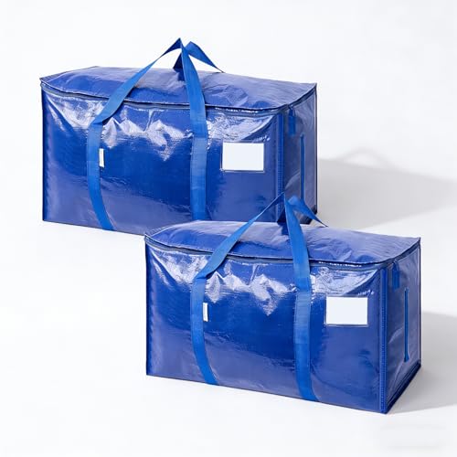 Extra Large Storage Bags, 23 Gallon Capacity, Waterproof Moving Totes with Handles and Label Pocket, Heavy Duty Zipper, Polypropylene Woven Fabric, Foldable Design (2 Pack Blue)