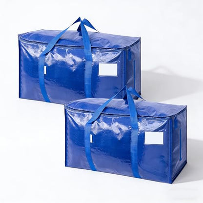 Extra Large Storage Bags, 23 Gallon Capacity, Waterproof Moving Totes with Handles and Label Pocket, Heavy Duty Zipper, Polypropylene Woven Fabric, Foldable Design (2 Pack Blue)