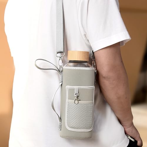 48 oz Sports Borosilicate Glass Water Bottle with Bamboo Lid with Neoprene Sleeve - color: Grey-x