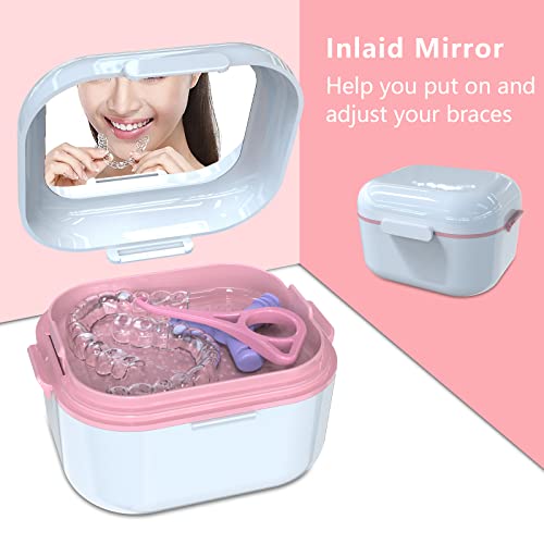 Denture Case with Mirror, Leakproof Retainer Box with Strainer Basket - color: White Pink