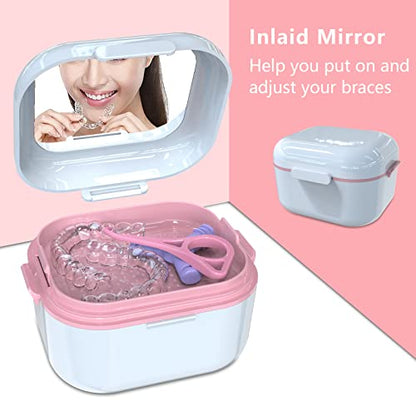 Denture Case with Mirror, Leakproof Retainer Box with Strainer Basket - color: White Pink