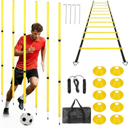Soccer Agility Training Equipment, 6 Adjustable Soccer Training Agility Poles, 1 Speed Agility Ladder,10 Soccer Agility Cones for Training, 1 Jump Rope + Storage Bag for Youth Soccer Drills