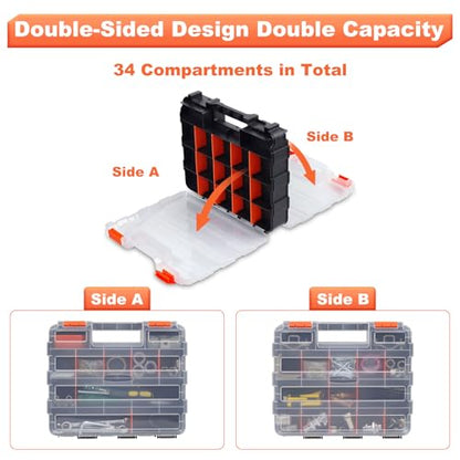Small Parts Organizer, 34 Compartments Double Side Tool Box with Removable Dividers and Transparent Lid, Plastic Tackle Box Organizer for Hardware, Screws, Bolts, Nails, Nuts, Beads, Jewelry, Orange