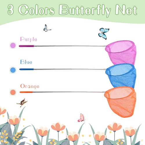 Telescopic Butterfly Nets for Kids Butterfly Catchers for Kids Insect Catching Nets, Great for Catching Insects Bugs Fishing, 3 Packs Catching Nets, Pop up Mesh Cage, Tweezers, Extendable 34 inches