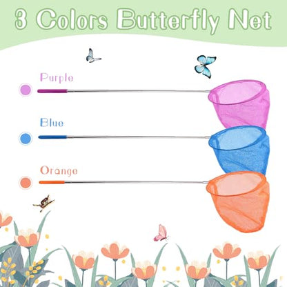 Telescopic Butterfly Nets for Kids Butterfly Catchers for Kids Insect Catching Nets, Great for Catching Insects Bugs Fishing, 3 Packs Catching Nets, Pop up Mesh Cage, Tweezers, Extendable 34 inches