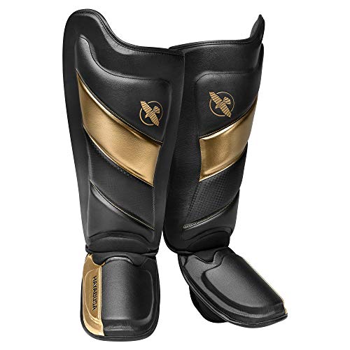 Hayabusa T3 Striking Shinguards - Men and Women | MMA Protection, Muay Thai Kickboxing, Sparring Pads, Martial Arts Gear, Adjustable Straps, Impact Padding, Elastic Fit - color: Black/Gold, size: Large