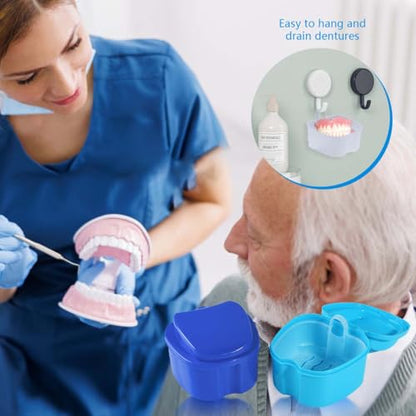 KISEER 2 Pack Colors Denture Bath Case Cup Box Holder Storage Soak Container with Strainer Basket for Travel Cleaning (Light Blue and Blue) - color: Light Blue and Blue