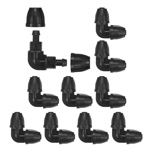 M METERXITY 10-Pack Drip Irrigation Barbed Locking Fittings, 3/8 Inch Elbow Tubing Connector Plastic Coupling for Greenhouse/Aquarium/Garden Watering System, Drip Irrigation Kit Parts