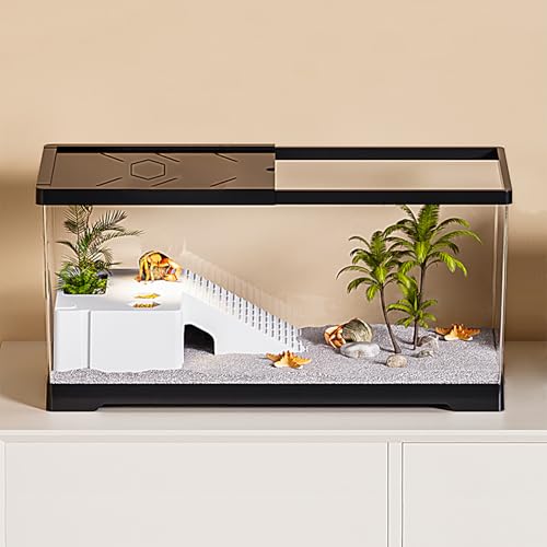 Turtle Fish Tank with Basking Platform and Bottom Drainage, 20" x 9.5" x 9.5" Aquatic Turtle Tank for Juvenile Turtle, Crayfish, Crabs, Amphibians, Reptiles, PC Material, Black Color - size: 20" x 9.5" x 9.5"