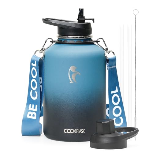 Coolflask Half Gallon Water Bottle Insulated Stainless Steel with Strap - color: Blue, size: 64 Ounces