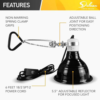 Simple Deluxe Reptile Clamp Dome Lamp, Equipped with 5.5-Inch Aluminum Reflector, Suitable for Amphibian Pet Terrariums Habitat (Without Bulb), 1 Pack, Black - size: 5.5 Inch (60 Watts), style: 1-Pack (Dome)