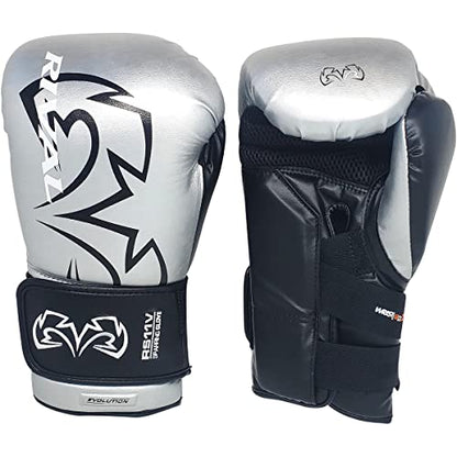 RIVAL Boxing RS11V Evolution Sparring Gloves, Extra-Thick 2” Padding, V-Strap Wrist Lock 2 System, Large Hand Compartment, and 15 Degree Angle Cuff - color: Silver, size: 16 oz.