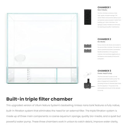 Ultum Nature Systems Rimless All in One Aquarium - Cube Fish Tank, Freshwater AIO Aquarium, Rimless Fish Tank w/Triple-Chamber Filter & White Background - 7 Gallon - 11.81" x 11.81" x 11.81" - 30A