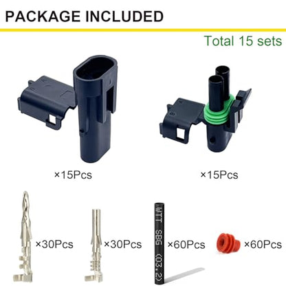 15 Kits 2 Pin Connector Weather Pack Connectors Kit Automotive Electrical Waterproof Connectors 2 Wire Connectors with 60pcs Shrink Tubing Kit (18-14 AWG) - size: 18-14AWG 15Set