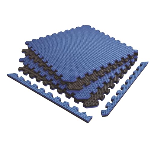 Reversible 3/4" EVA Foam Gym Floor Tiles, Blue/Black, 4-Pack | 24" x 24" interlocking tiles include 8 trim pieces and cover 16 sq. ft. for home gym flooring - color: Dazzling Blue/Black, size: 4 Tiles - 16 Sq. Ft.