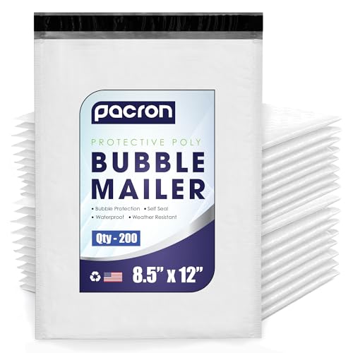200-Pack Waterproof Poly Bubble Mailers 8.5 x 12 - Thick, Durable, Instant Seal Envelopes with Strong Adhesive - Pacron Protective Shipping Mailers for Jewelry, Cosmetics, SD Cards, USB Cables - size: 8.5 x 12 | 200 Pack