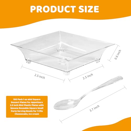 100 Pack 1 oz mini Square Dessert Plates for Appetizers，Mini Plastic Plates with Spoons，Reusable Square Small Party Serving Bowls for Trifle, Cheesecake, Ice cream