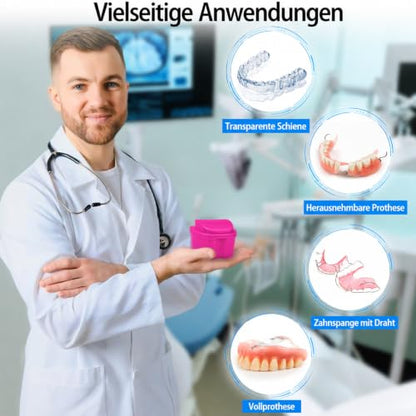 Denture Cup Retainer Cleaning Case False Teeth Soaking Container with 2 Brushes, Dental Retainer Cup Holder Case Denture Soaking Storage Box Case - White & Rose Red - color: White & Rose Red