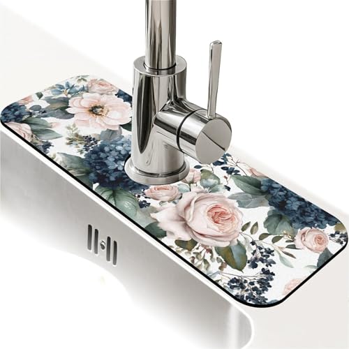 Kitchen Sink Splash Guard，Pink roses, blue hydrangeas-1 Faucet Mat Sink Gadgets-Super Absorbent Fast Drying Mat Drip Catcher for Kitchen, Bathroom,Sink Mat, Dish Drying Mat, Bathroom(15" X 5.5" ) - color: Pink roses, blue hydrangeas-1