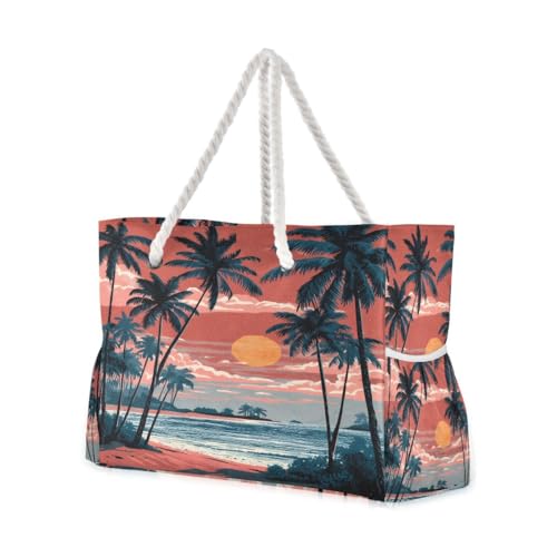 senya Large Beach Bags Totes Canvas Tote Shoulder Bag Soft Wave Water Resistant Bags for Gym Travel Daily Ocean - color: Palm Trees Sunset