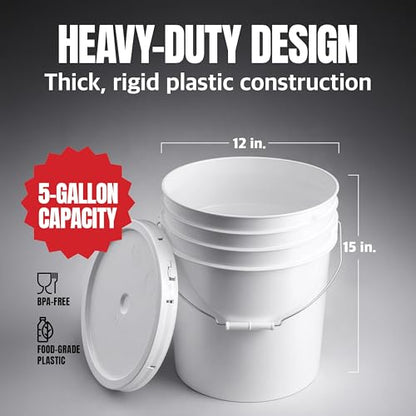 5-Gallon White Bucket Pail With Airtight Lid, Food Grade BPA-Free Premium HDPE, Made In USA, Heavy-Duty Extra Durable Multi-Use, Metal Handles Plastic Grip Easy Carrying, Stackable Easy Store - 6 Pack - size: 6 Pack