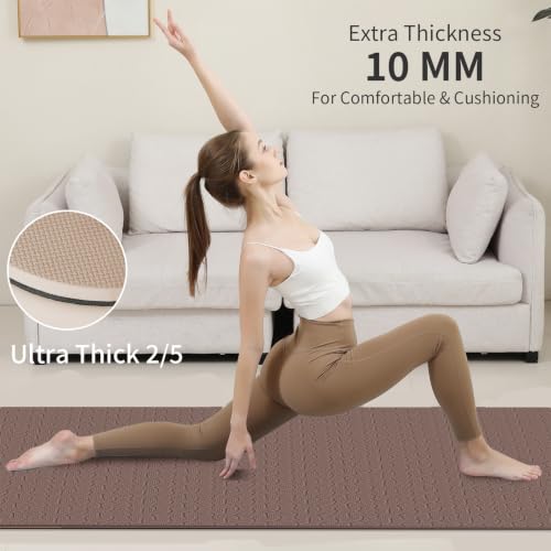 PAIDU POE Yoga Mat （10mm）Extra Thick Fitness Mat 72"x24" with Carry Strap | Non-slip, tear-resistant and suitable for all ages, perfect for yoga, Pilates, home gym and full-body workouts. - color: Dark Brown & Beige
