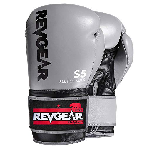 Revgear S5 Leather Muay Thai & Kickboxing Gloves, MMA, UFC, Training Gear - color: Grey/Black, size: 16OZ