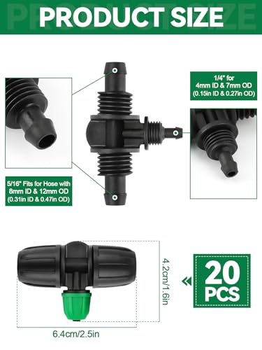 Kalolary 20PCS Locked Barbed Tee Connectors, 5/16" to 1/4" Drip Irrigation Fittings Kit 8/12mm to 4/7mm Tube Lock Female Connector 3-Way Barbed Lock Irrigation Parts for Watering System (Black Green)